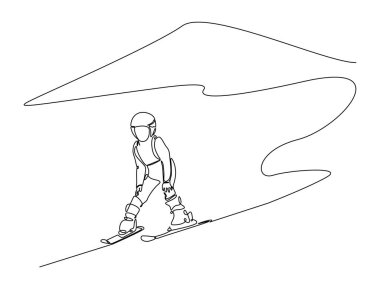 Küçük çocuk tek çizgili resimde kayak yapıyor. Kış mevsiminde kayak yapan mutlu çocuk çizimleri. Düzenlenebilir vuruş.