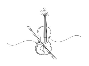  Tek ana hatlı resimde klasik keman. Sürekli keman çizimleri, müzisyen ekipmanları. Düzenlenebilir vuruş.