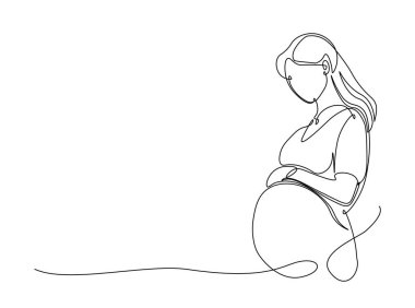 Tek hatlı çizimde hamile bir kadın. Sürekli olarak karnını tutan hamile bir kadının çizimlerini çiziyor. Düzenlenebilir vuruş.