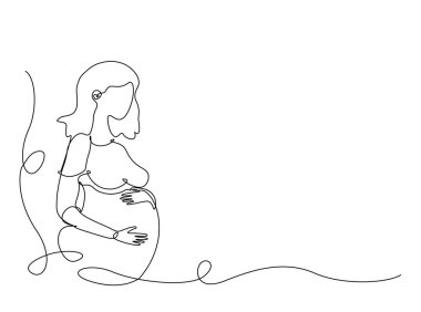 Tek hatlı çizimde hamile bir kadın. Sürekli olarak karnını tutan hamile bir kadının çizimlerini çiziyor. Düzenlenebilir vuruş.
