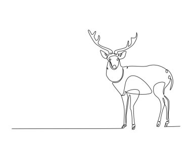 Tek ana hatlı resimde ren geyiği. Vahşi ren geyiklerinin aralıksız çizimleri. Düzenlenebilir vuruş.