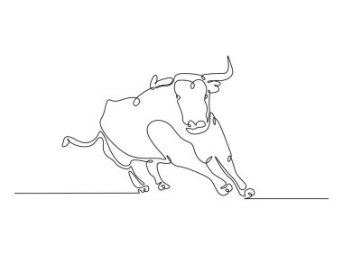 Tek ana hatlı resimde agresif boğa. Kızgın boğanın durmaksızın çizdiği çizgiler..