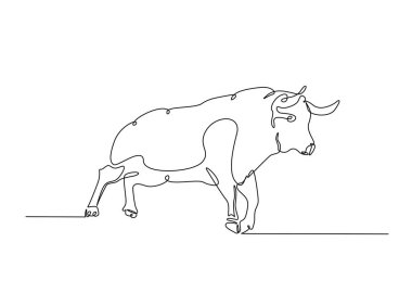 Tek ana hatlı resimde agresif boğa. Kızgın boğanın durmaksızın çizdiği çizgiler..