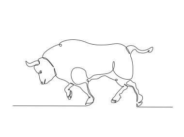 Tek ana hatlı resimde agresif boğa. Kızgın boğanın durmaksızın çizdiği çizgiler..