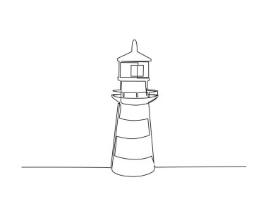 Tek ana hatlı resimde deniz feneri. Deniz feneri ya da Shore Light fenerinin aralıksız çizimleri. Düzenlenebilir vuruş.