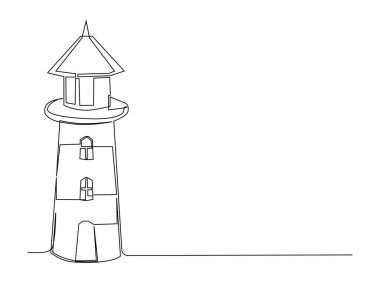 Tek ana hatlı resimde deniz feneri. Deniz feneri ya da Shore Light fenerinin aralıksız çizimleri. Düzenlenebilir vuruş.
