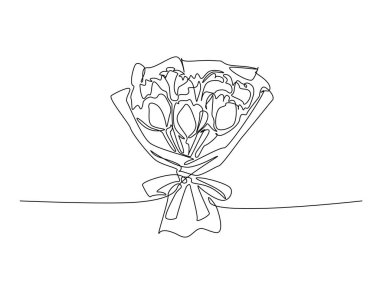 Çiçek buketi tek hatlı çizim çizimi. Romantik çiçek buketinin kesintisiz çizimi. Düzenlenebilir vuruş.