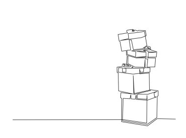 Yığınla hediye kutusu tek ana hatlı çizim çizimi. Yığınla mevcut kutunun aralıksız çizimi. Düzenlenebilir vuruş.