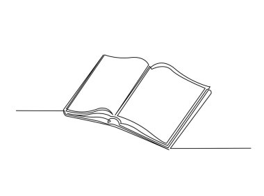 Açılmış Kitap tek ana hatlı çizim çizimi. Eğitim konsepti için sürekli açık kitap çizimi. Düzenlenebilir vuruş.