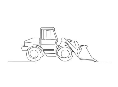 Buldozer ağır inşaat aracı tek çizgili resimde. Buldozer Endüstriyel Araç 'ın kesintisiz çizimleri. Düzenlenebilir vuruş.