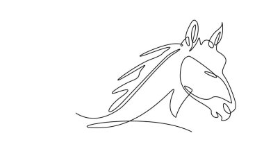 Tek ana hatlı resimde at kafası sanatı. Vahşi aygır kafasının kesintisiz çizimleri..