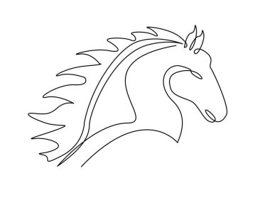 Tek ana hatlı resimde at kafası sanatı. Vahşi aygır kafasının kesintisiz çizimleri..