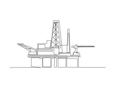 Okyanustaki petrol sondaj platformu tek bir taslak çizim çizer. Okyanustaki Offshore petrol platformunun aralıksız çizimleri. Düzenlenebilir vuruş.