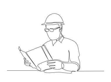 Mühendis Okunan Taslak çizim çizimi çizimi çizimi. İnşaatın planlarını okuyan mimar ya da mühendisin sürekli çizimleri. Düzenlenebilir vuruş.