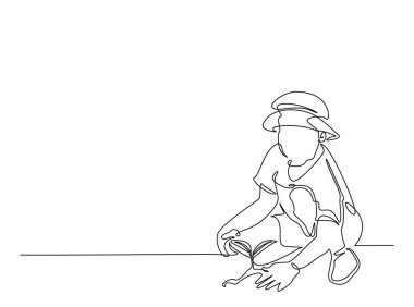 Çizim çizimi için küçük bir bitki tutan çocuk. Sürekli çizilen küçük ağaç dikme sanatı. Düzenlenebilir vuruş.