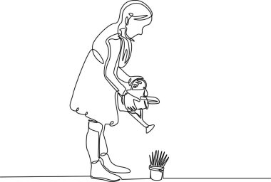 Bitkiyi sulayan kız çizim çizimi yapıyor. Bitkiyi sulayan çocuk karakterin kesintisiz çizimi. Düzenlenebilir vuruş.