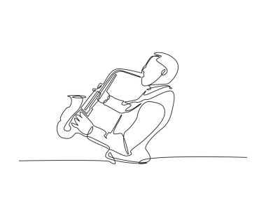 Saksafon çalan adam çizim çizimi yapıyor. Saksafoncu Performans 'ın aralıksız çizimleri. Düzenlenebilir vuruş.