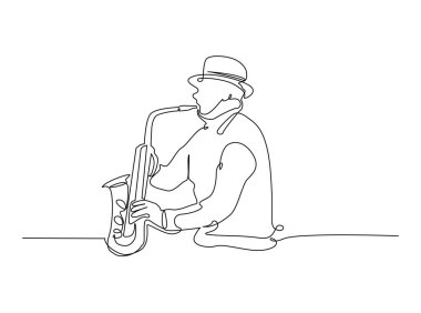 Saksafon çalan adam çizim çizimi yapıyor. Saksafoncu Performans 'ın aralıksız çizimleri. Düzenlenebilir vuruş.