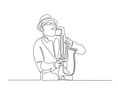 Saksafon çalan adam çizim çizimi yapıyor. Saksafoncu Performans 'ın aralıksız çizimleri. Düzenlenebilir vuruş.