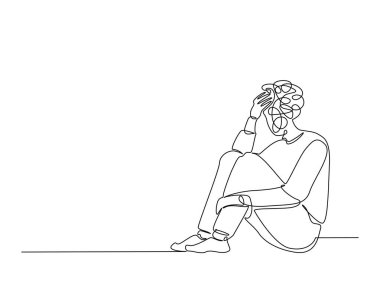 Kafa karıştırıcı ve stresli kişinin sürekli çizimi. Depresyondaki adam, stresli, baş ağrısı çizimi ve tek bir çizim.. 