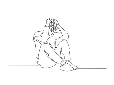 Kafa karıştırıcı ve stresli kişinin sürekli çizimi. Depresyondaki adam, stresli, baş ağrısı çizimi ve tek bir çizim.. 