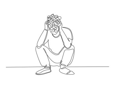 Kafa karıştırıcı ve stresli kişinin sürekli çizimi. Depresyondaki adam, stresli, baş ağrısı çizimi ve tek bir çizim.. 