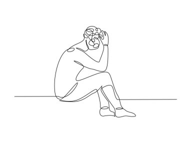 Kafa karıştırıcı ve stresli kişinin sürekli çizimi. Depresyondaki adam, stresli, baş ağrısı çizimi ve tek bir çizim.. 