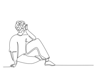 Kafa karıştırıcı ve stresli kişinin sürekli çizimi. Depresyondaki adam, stresli, baş ağrısı çizimi ve tek bir çizim.. 