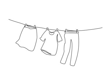 Elbiseler çamaşır ipine asılı çamaşır ipi ana hatları çizim çizimi. Çamaşır ipinin açık havada sürekli çizimi. Düzenlenebilir vuruş.