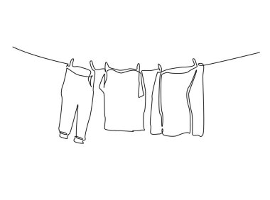 Elbiseler çamaşır ipine asılı çamaşır ipi ana hatları çizim çizimi. Çamaşır ipinin açık havada sürekli çizimi. Düzenlenebilir vuruş.