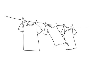 Elbiseler çamaşır ipine asılı çamaşır ipi ana hatları çizim çizimi. Çamaşır ipinin açık havada sürekli çizimi. Düzenlenebilir vuruş.