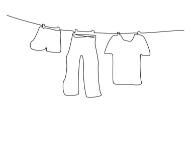 Elbiseler çamaşır ipine asılı çamaşır ipi ana hatları çizim çizimi. Çamaşır ipinin açık havada sürekli çizimi. Düzenlenebilir vuruş.