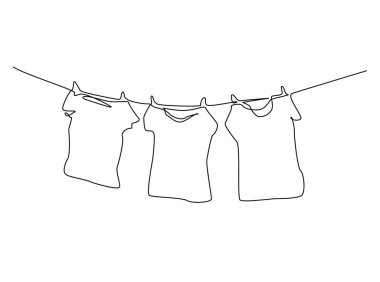 Elbiseler çamaşır ipine asılı çamaşır ipi ana hatları çizim çizimi. Çamaşır ipinin açık havada sürekli çizimi. Düzenlenebilir vuruş.