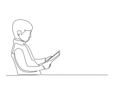 Kitap özeti okuyan genç bir çocuk çizim çiziyor. Akıllı çocuğun kitap okuyup oturduğu çizimler. Düzenlenebilir vuruş.