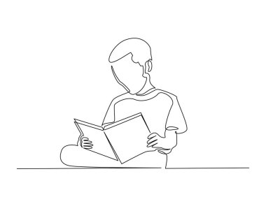 Kitap özeti okuyan genç bir çocuk çizim çiziyor. Akıllı çocuğun kitap okuyup oturduğu çizimler. Düzenlenebilir vuruş.