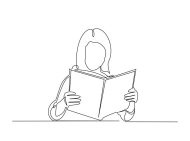 Kitap özeti okuyan genç bir kadın çizim çiziyor. Akıllı bir kızın kitap okuyup oturduğu çizimler. Düzenlenebilir vuruş.