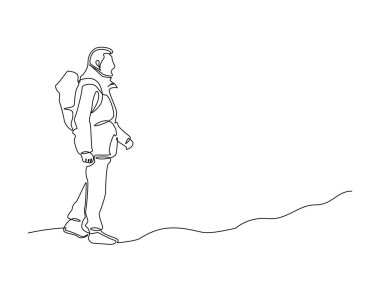 Yürüyüşçüler sırt çantalarıyla dışarıda geziniyorlar. Çizim çizimleri yapıyorlar. Dağ tırmanışçılarının yürüyüşlerinin kesintisiz çizimleri. Düzenlenebilir vuruş.