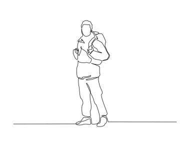 Yürüyüşçüler sırt çantalarıyla dışarıda geziniyorlar. Çizim çizimleri yapıyorlar. Dağ tırmanışçılarının yürüyüşlerinin kesintisiz çizimleri. Düzenlenebilir vuruş.