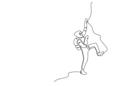 Yürüyüşçüler sırt çantalarıyla dışarıda geziniyorlar. Çizim çizimleri yapıyorlar. Dağ tırmanışçılarının yürüyüşlerinin kesintisiz çizimleri. Düzenlenebilir vuruş.