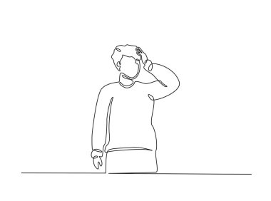 Tek bir taslak çizimde elleri kafasında olan bir adam. Depresyondaki adamın sürekli çizimleri başını tutuyor. Düzenlenebilir vuruş.