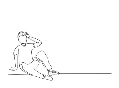 Tek bir taslak çizimde elleri kafasında olan bir adam. Depresyondaki adamın sürekli çizimleri başını tutuyor. Düzenlenebilir vuruş.