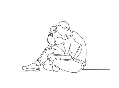 Tek bir taslak çizimde elleri kafasında olan bir adam. Depresyondaki adamın sürekli çizimleri başını tutuyor. Düzenlenebilir vuruş.