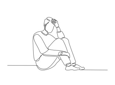 Tek bir taslak çizimde elleri kafasında olan bir adam. Depresyondaki adamın sürekli çizimleri başını tutuyor. Düzenlenebilir vuruş.
