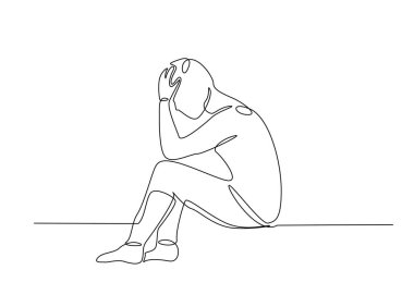 Tek bir taslak çizimde elleri kafasında olan bir adam. Depresyondaki adamın sürekli çizimleri başını tutuyor. Düzenlenebilir vuruş.