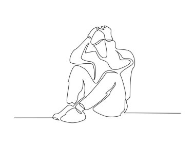 Tek bir taslak çizimde elleri kafasında olan bir adam. Depresyondaki adamın sürekli çizimleri başını tutuyor. Düzenlenebilir vuruş.