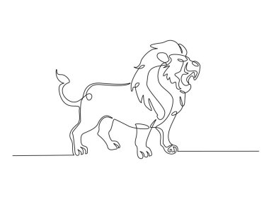 Tek hatlı çizimde vahşi aslan. Lion-Panthera Leo 'nun aralıksız çizimleri. Düzenlenebilir vuruş.