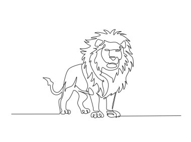 Tek hatlı çizimde vahşi aslan. Lion-Panthera Leo 'nun aralıksız çizimleri. Düzenlenebilir vuruş.