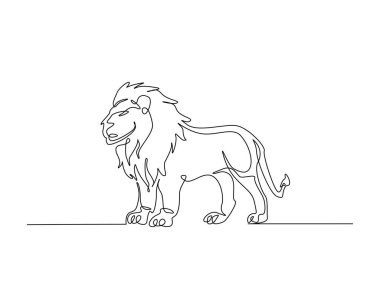 Tek hatlı çizimde vahşi aslan. Lion-Panthera Leo 'nun aralıksız çizimleri. Düzenlenebilir vuruş.