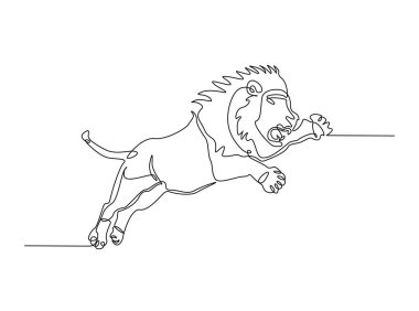 Tek hatlı çizimde vahşi aslan. Lion-Panthera Leo 'nun aralıksız çizimleri. Düzenlenebilir vuruş.