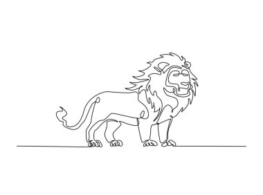 Tek hatlı çizimde vahşi aslan. Lion-Panthera Leo 'nun aralıksız çizimleri. Düzenlenebilir vuruş.